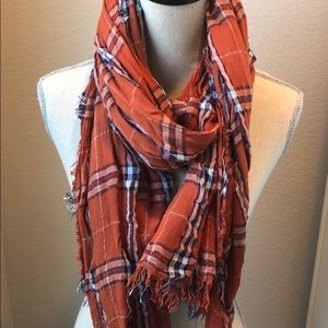 Burnt Orange and Blue Scarf. Frayed edges.
